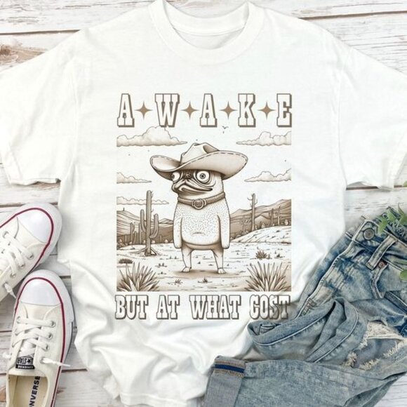 Cowboy Pug T-Shirt, Awake, But At What Cost Funny Dog Shirt - Picture 1 of 4